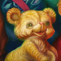 portrait of four creepy dolls and a squeaky plastic bear