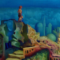 fantastic architecture with small figures reading mobile phones