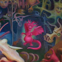 brown background with bones and machinery; cute pink dragon floating in centre