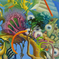 brightly-coloured, fanciful construction of blue flowers and eyeballs