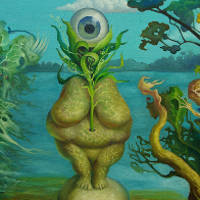 Venus figure with one huge eye rising from the lake on a skull