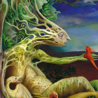 surreal figure reclining against a tree in a barren landscape