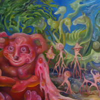 shiny pink teddy bear, glass animals, child carrying a limp doll