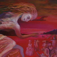red painting with excited figure preaching to people looking at mobile phones